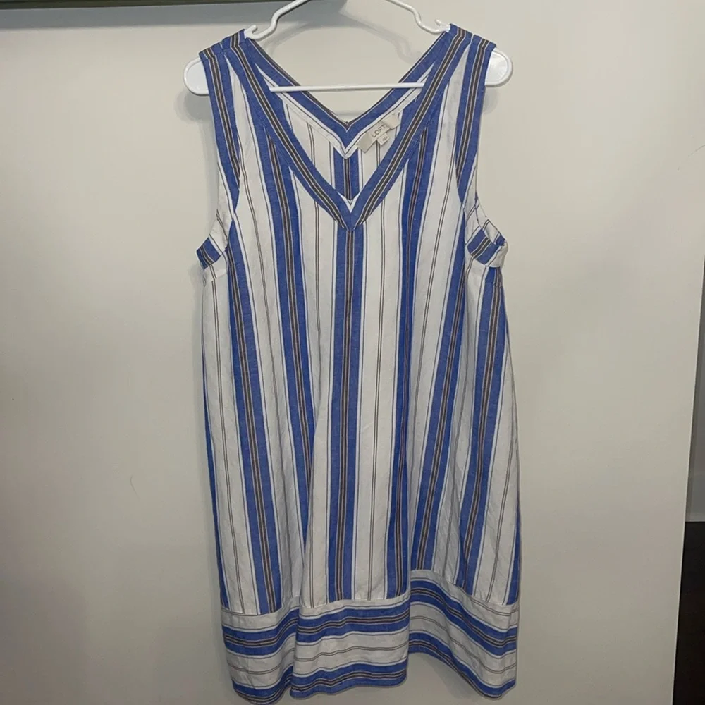 Loft Women’s Linen White/Blue Striped Sleeveless Dress size Large - Picture 1 of 7